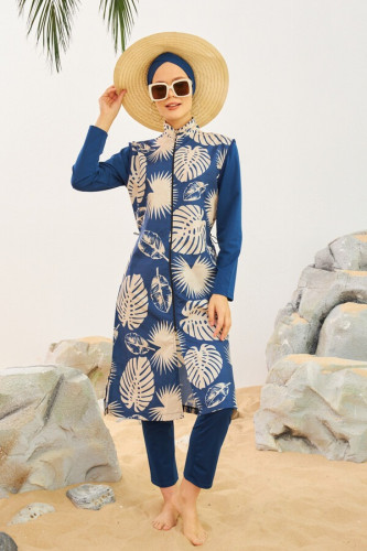 ملابس سباحة للمحجبات باللون الازرق ونقوش اوراق الشجر البيضاء الرائعة A-00110