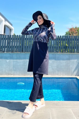 ملابس سباحة للمحجبات باللون الازرق و نقوش ملونة رائعةA-00121