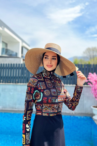 ملابس سباحة للمحجبات باللون الاسود و نقوش بالون صيفية A-00124