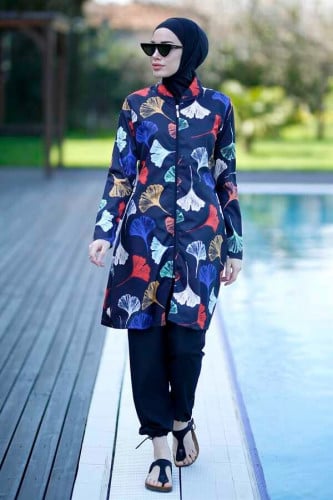 ملابس سباحة للمحجبات باللون الازرق ونقوش رائعة ملونه A-00083