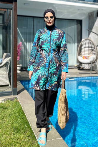 ملابس سباحة للمحجبات باللون الازرق ونقوش رائعة ,A-00082