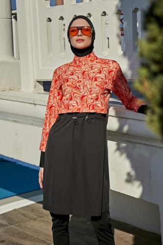 ملابس سباحة للمحجبات باللون برتقالي وأبيض A-00250