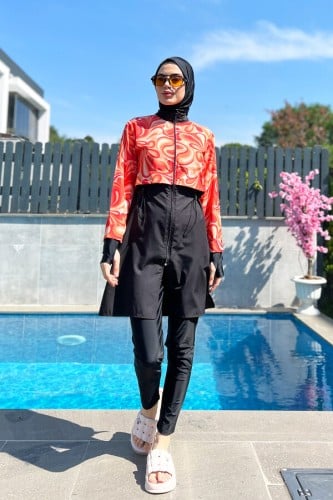 ملابس سباحة للمحجبات باللون البرتقالي الصيفي والاسود ونقوش مميزة وتفاصيل انيقة A-00179