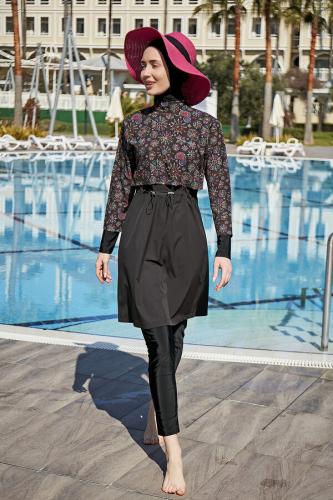 ملابس سباحة للمحجبات باللون الاسود بتفاصيل بسيطة A-00253