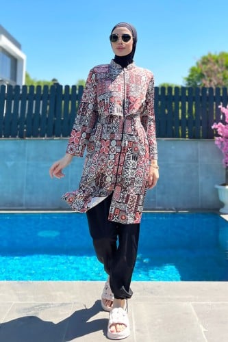 ملابس سباحة للمحجبات باللون الوردي والاسود ونقوش رائعة باللون الابيض وتفاصيل انيقةA-00176