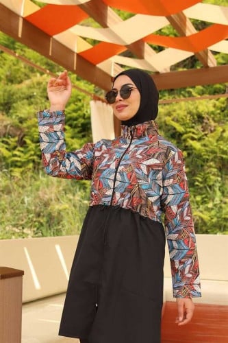 ملابس سباحة للمحجبات باللون الاسود واشكال هندسية ملونة الرائعة A-00107