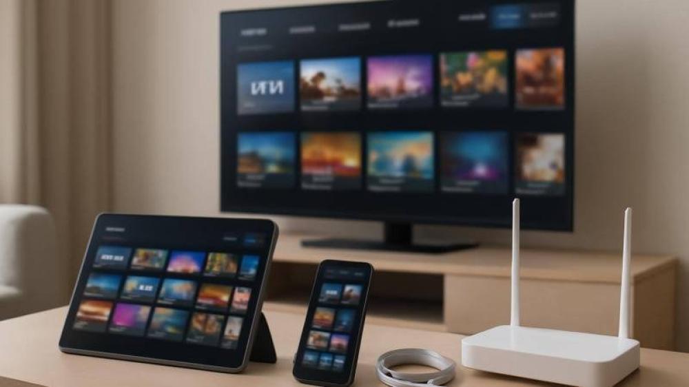 غرفة معيشة حديثة مع تلفزيون ذكي وأجهزة متعددة تشرح ما هو IPTV وكيف يعم