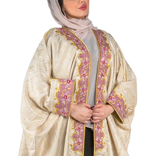 Floral bisht abaya, beige color