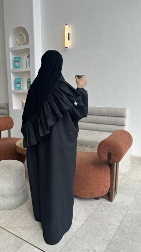 عبايه باللون الأسود قماش لنن نص بشت مع طرحه بطرف ك...