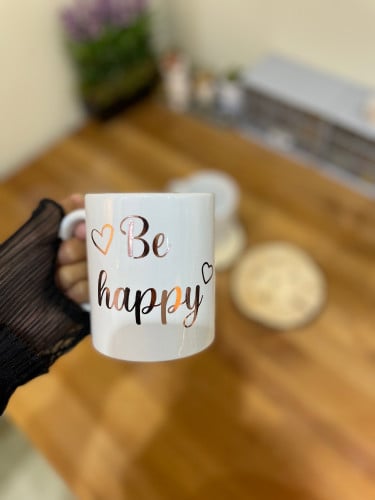 كوب سيراميك ابيض350 ml -بطباعة عبارة "Be happy”