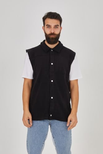 سديري VEST أسود فرو بأزرار طقطق