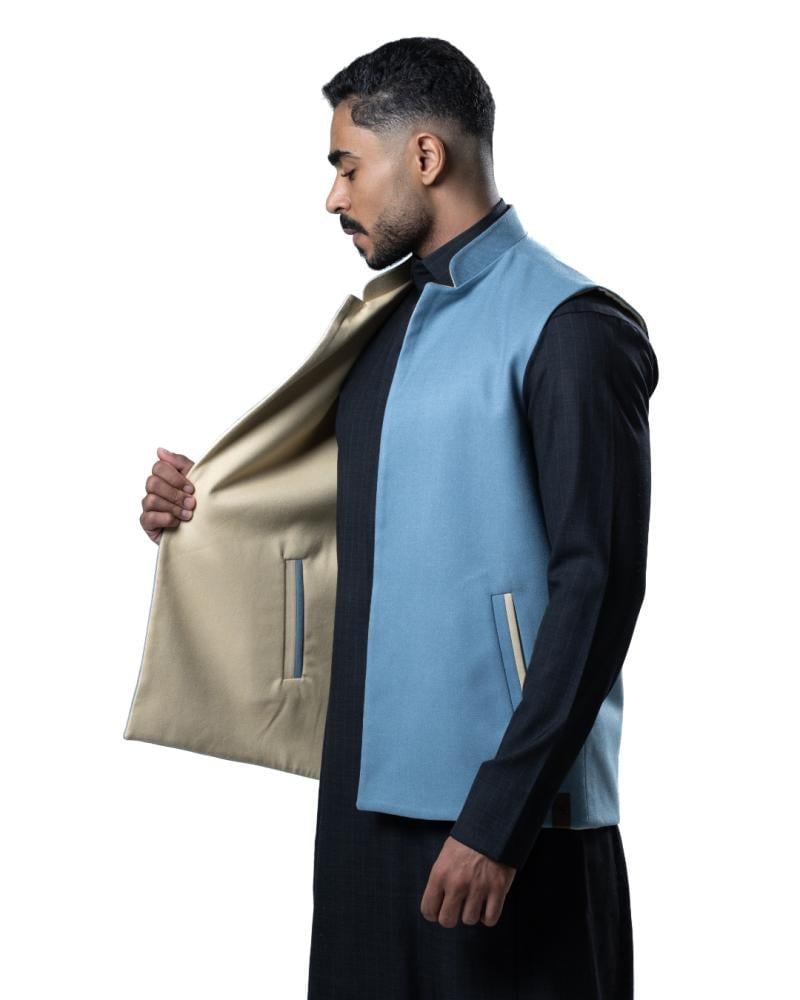 سديري شتوي رجالي جوخ فاخر بلون بيج-سماوي وبطانة بيج-متجر رؤية