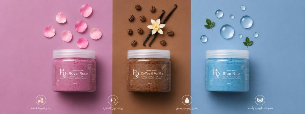 كيف تختارين مقشر الجسم المناسب لبشرتك؟ دليل شامل للمقارنة بين مقشر النيلة، القهوة والورد
