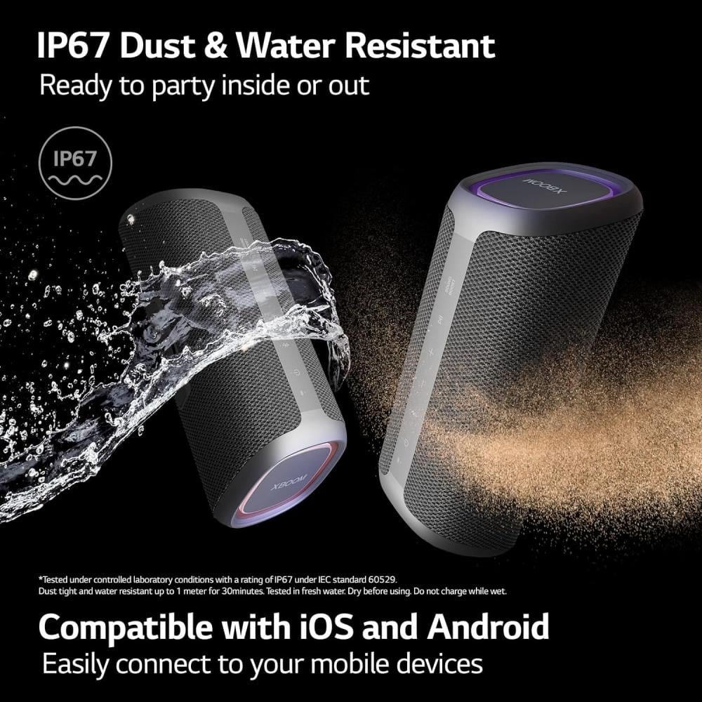 مكبر صوت بلوتوث محمول من ال جي - اضاءة LED وبطارية تصل الى 24 ساعة- اسود موديل XG7QBK