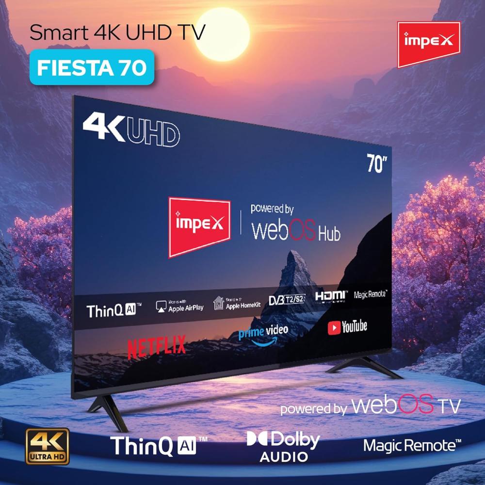 شاشة ذكية امبكس فيستا 70 بوصه UHD بجودة 4K نظام تشغيل ويبوس وريموت سحري موديل FIESTA70SMART