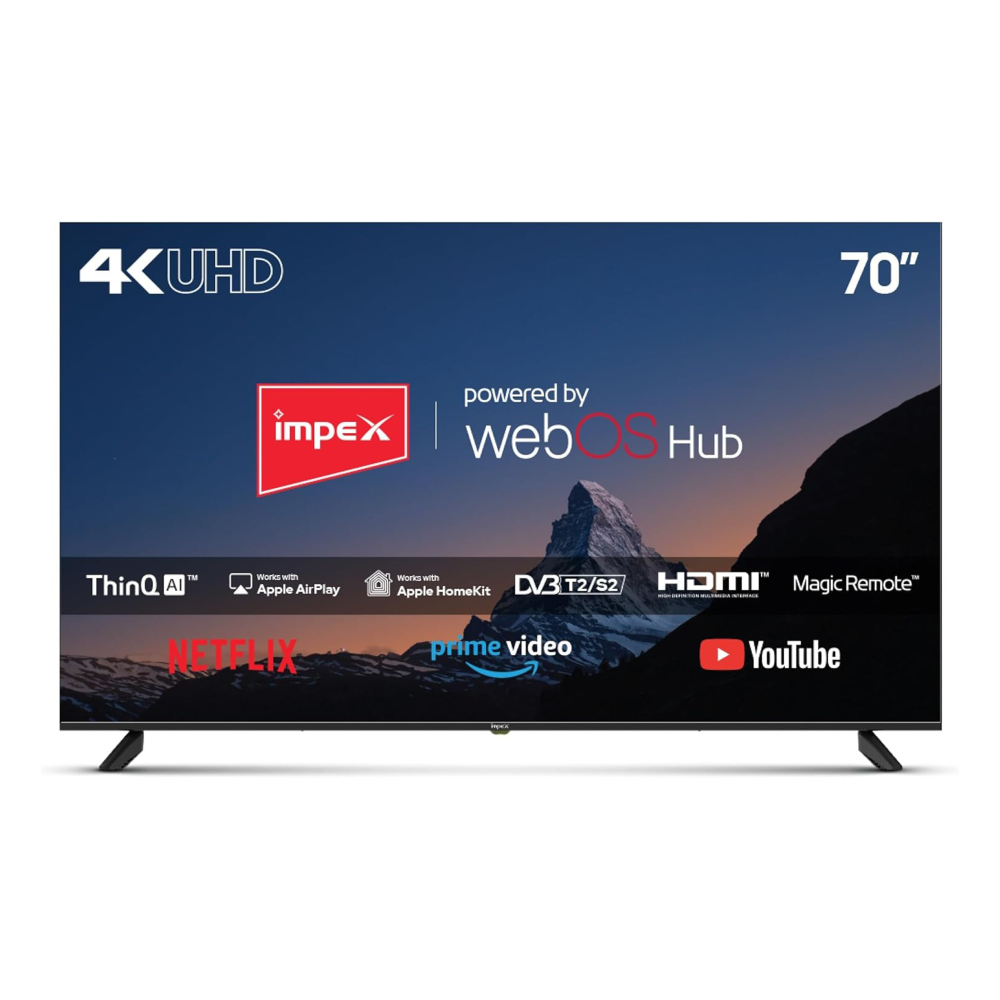 شاشة ذكية امبكس فيستا 70 بوصه UHD بجودة 4K نظام تشغيل ويبوس وريموت سحري موديل FIESTA70SMART