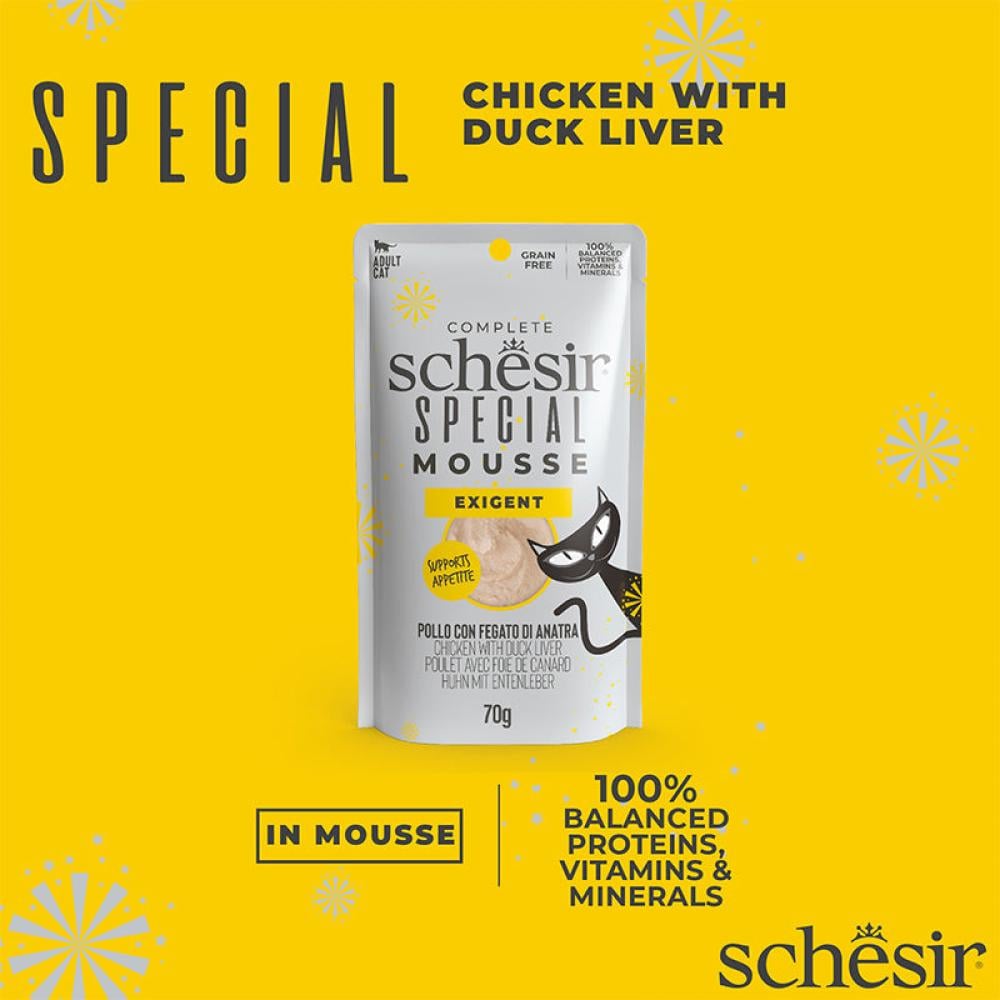 شيزر سبيشل اظرف الدجاج مع كبد البط في الموس طعام رطب للقطط البالغة Schesir Special Exigent chicken with Duck Liver in Mousse 70g in Pouch