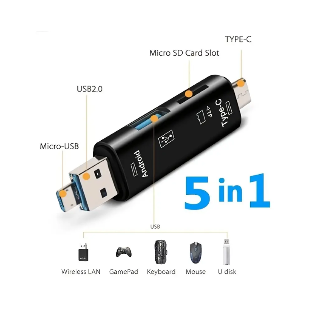 5 في 1 متعدد الوظائف Usb 2.0 نوع C / Usb / Micro Usb / Tf / SD Memory Card Reader OTG Card Reader Adapter ملحقات الهاتف المحمول
