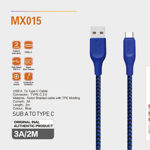 كابل شحن قماشي تاب سي 2متر ازرق MX015