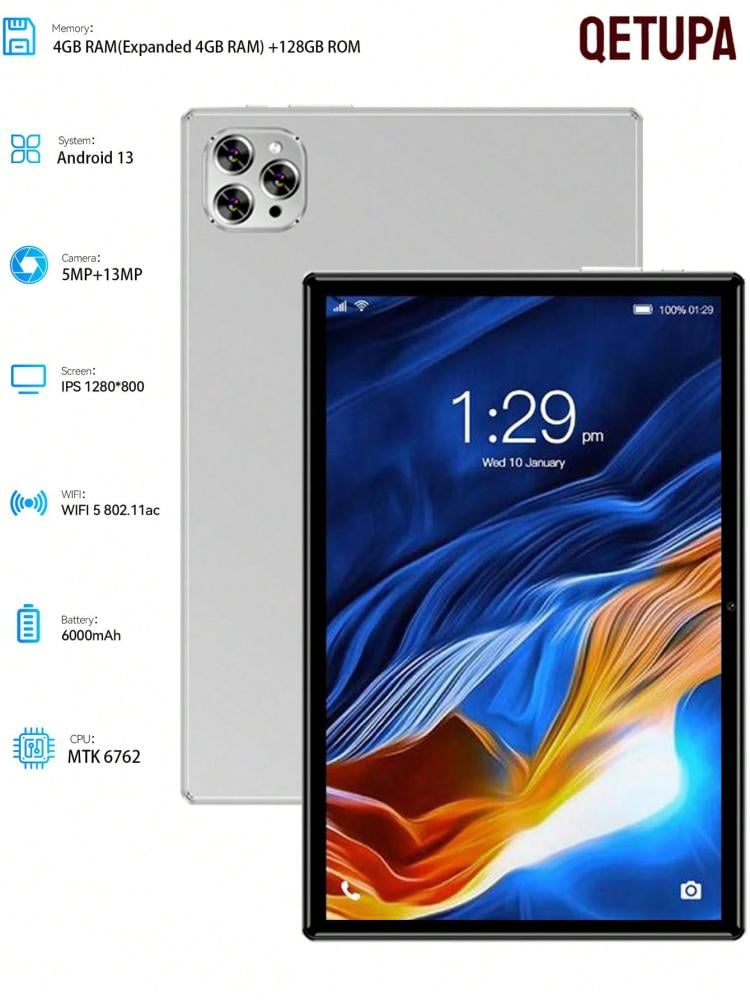 جهاز لوحي Qetupa 10.1 انش اندرويد 13 رام 4GB ذاكرة 128GB تصميم فضي