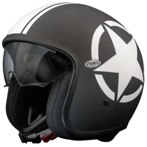 خوذة ثري كوارتر مع حماية شمسية من Premier Vintage SG 9BM كلاسيكية باللون الأسود المطفى  مع نجمة بيضاء