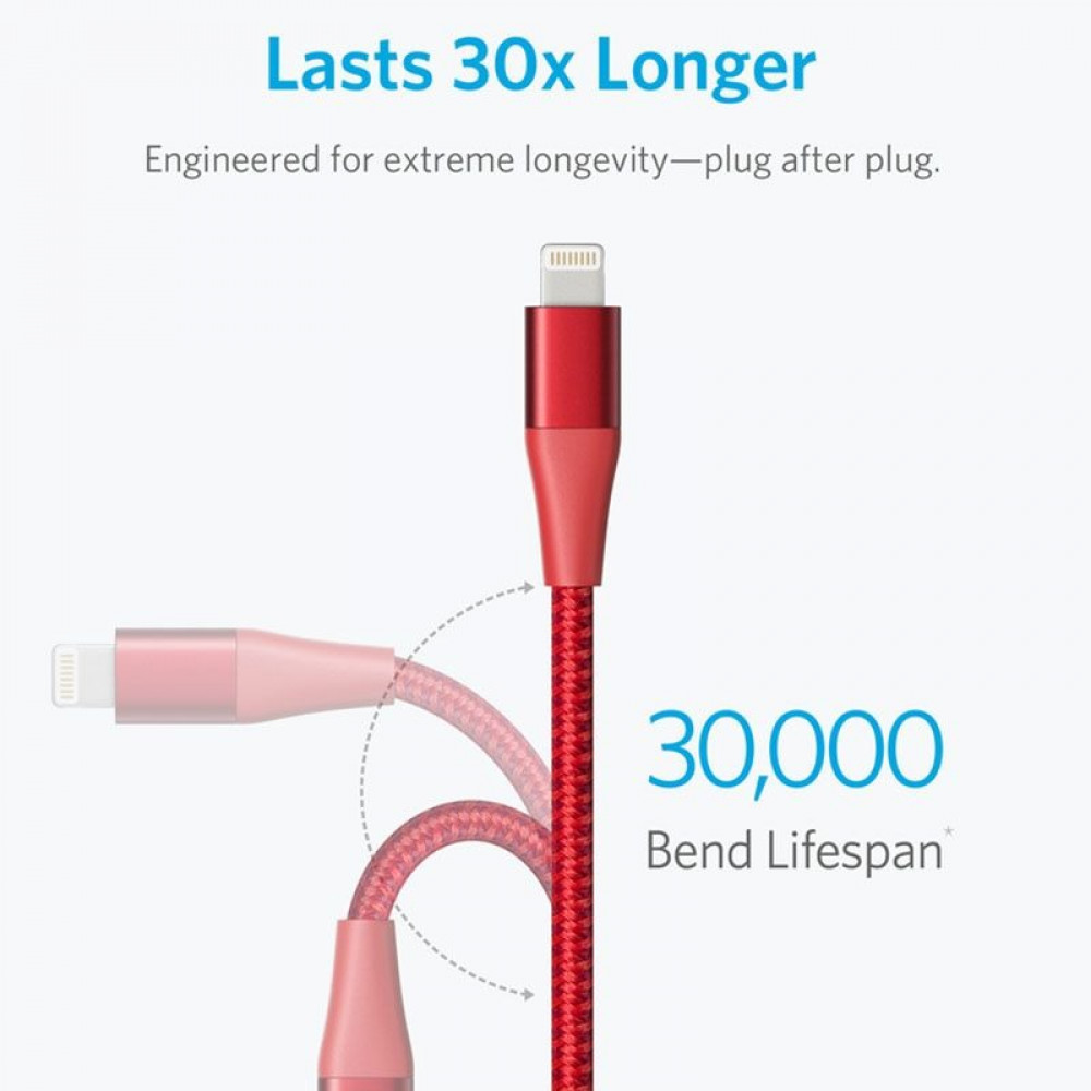 سلك شاحن انكر باورلاين بلس الاصدار الثاني من USB الى ايفون بطول 90 سم - احمر