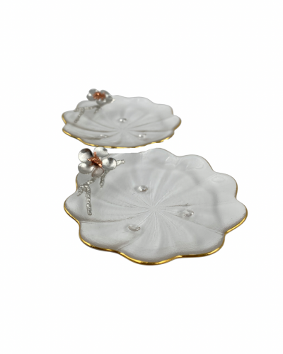 6 صحن دائري زجاجي بغصن فضي يحمل زهرة البرقوق