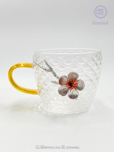 طقم 6 اكواب شاي مقاوم للحراره مزخرفة بزهرة البرقوق ذات مقبض ذهبي .