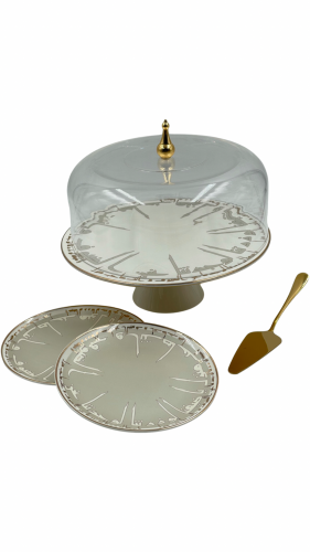 حامل كيك دائري مع غطاء و صحون ستايل عبارات ترحيبية بالخط العربي لون رصاصي