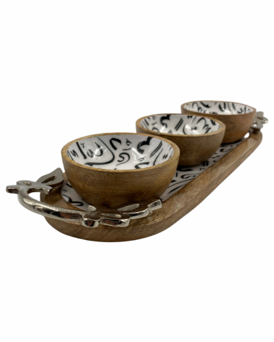 صينيه خشب مستطيل و 3 صحن عميق