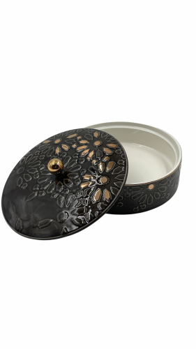 وعاء دائري بغطاء بنقش ذهبي براق اسود