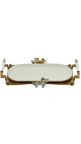 صينية بيضاوية من السيراميك الابيض بقاعدة ذهبية مفصولة استايل الفراشة