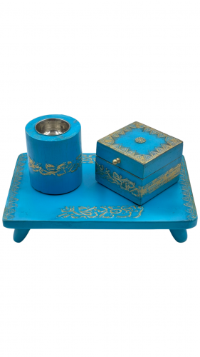 طقم خشبي فاخر من مبخره  وصينيه و صندوق بنقش ذهبي جميلة لون ازرق