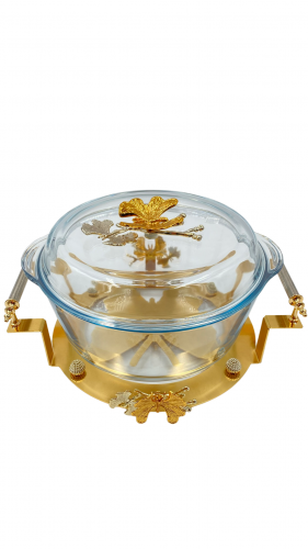 وعاء  زجاج بايركس دائرية بغطاء مزينة بقاعدة ذهبية مع مقابض استايل الفراشة