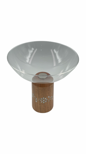 وعاء دائري تقديم شفاف بقاعدة من الخشب الطبيعي مزخرف بالصدف