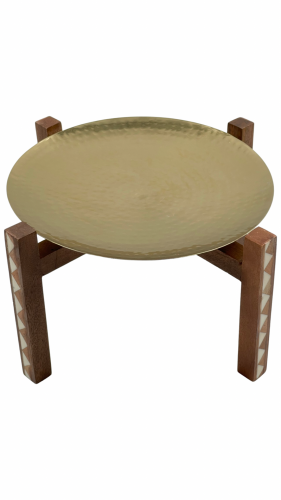 صحن دايري استيل ذهبي بقاعدة خشبية مزخرفة بالصدف