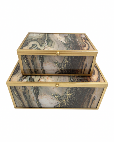 صندوق مصنوع من الزجاج وحواف معدنيه ذهبيه(رمادي+ابيض)