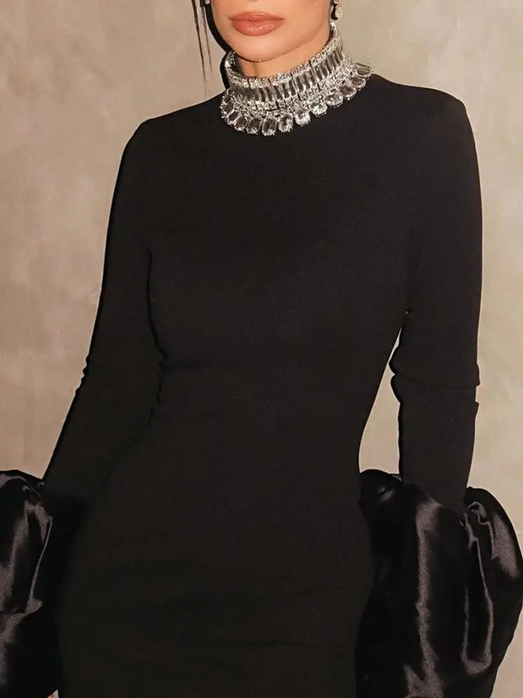 فستان نسائي أنيق برقبة دائرية ، مرقع ماسي ، ساتان ، كم طويل ، أحادي اللون ، فساتين حفلات سهرة ، موضة جديدة ، خريف ، 35Z805 ،