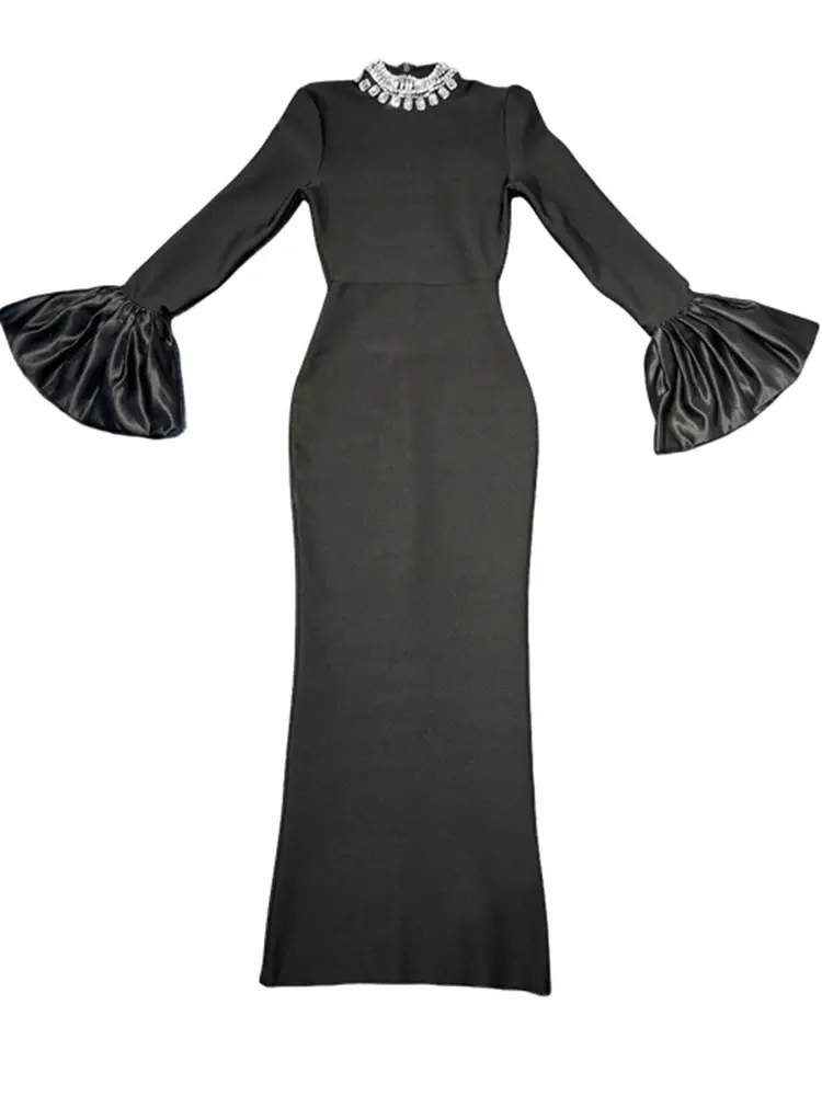 فستان نسائي أنيق برقبة دائرية ، مرقع ماسي ، ساتان ، كم طويل ، أحادي اللون ، فساتين حفلات سهرة ، موضة جديدة ، خريف ، 35Z805 ،