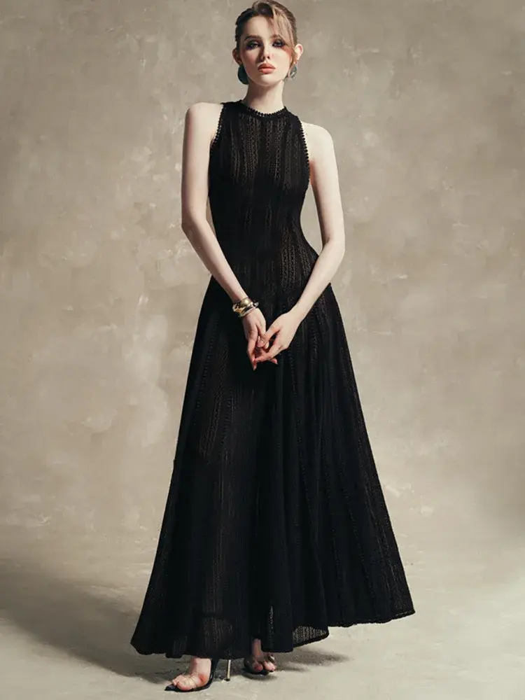 فستان أنيق محبوك رقبة دائرية وأكمام طويلة على شكل حرف a مطوي فساتين الحفلات المسائية النسائية الصغيرة 2024 خريف موضة جديدة 35Z959