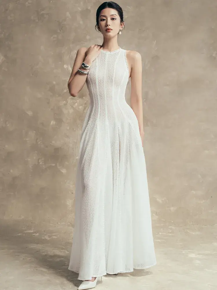 فستان أنيق محبوك رقبة دائرية وأكمام طويلة على شكل حرف a مطوي فساتين الحفلات المسائية النسائية الصغيرة 2024 خريف موضة جديدة 35Z959