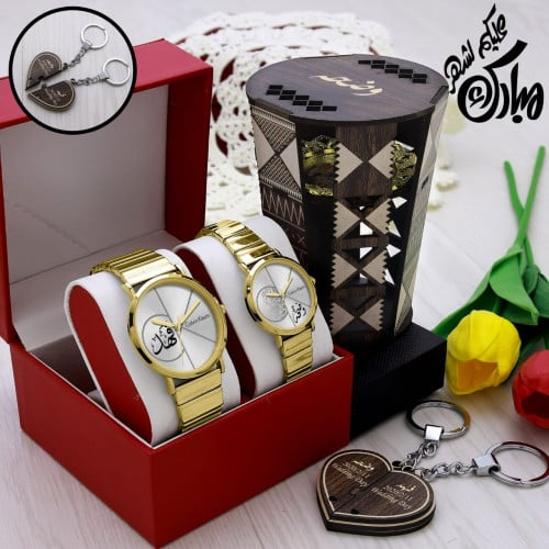 طقم هدايا ساعه رجالي ونسائي مع مبخره نجديه بالاسم...