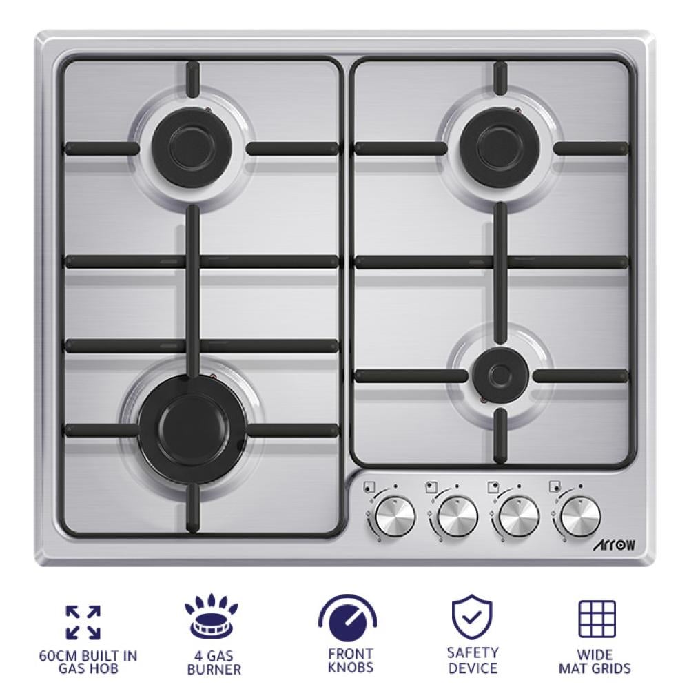 سطح بلت ان غاز أرو مقاس 60 سم, عدد 4 عين, أمان كامل , تركي, فضي - RO-60BHGK