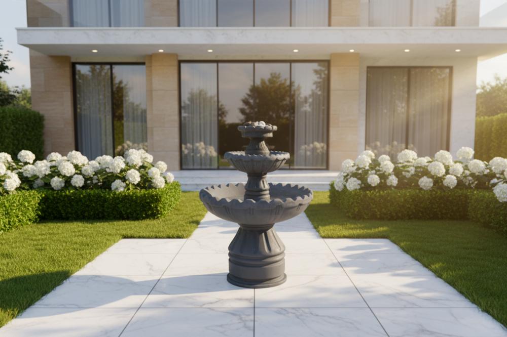 نافورة كلاسيكية متدرجة ثلاثية المستويات بمظهر رخامي رمادي داكن