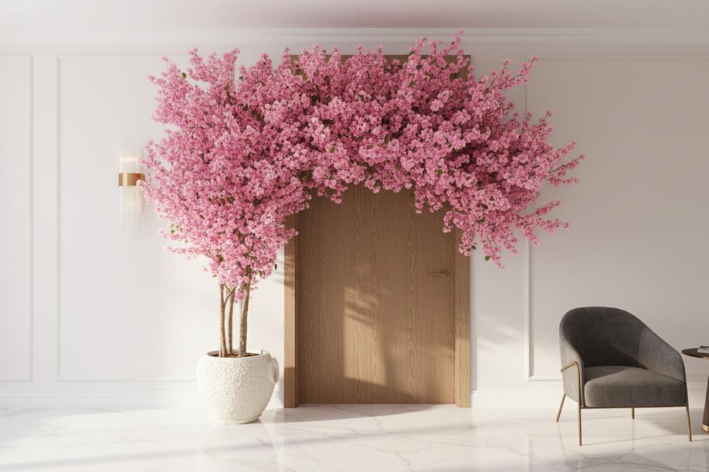 شجرة أزهار متسلقة اصطناعية (ساكورا أو كرز) بتصميم عريض بلون وردي باستيلي