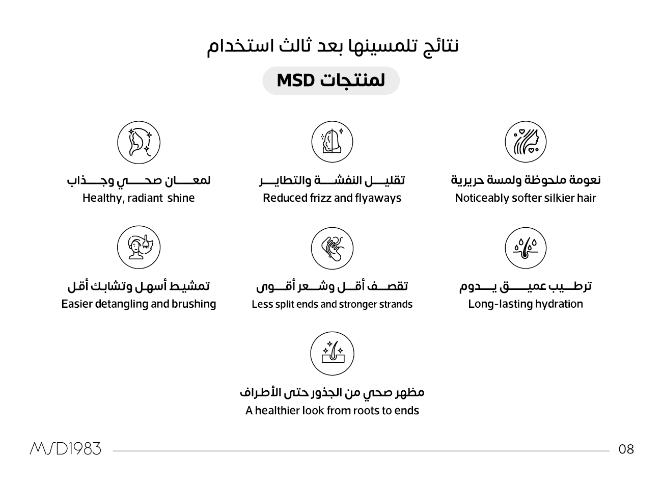 نتائج استخدام منتجات MSD بعد ثالث استخدام: لمعان صحي، تقليل النفشة، نعومة حريرية، تمشيط أسهل، تقصف أقل، ترطيب يدوم، ومظهر صحي