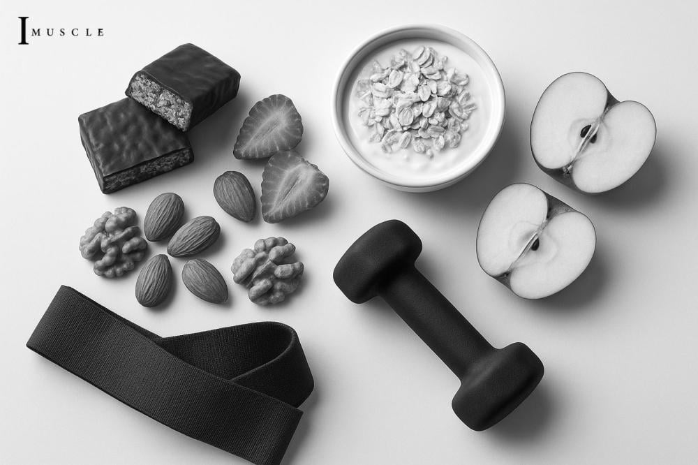 سناكات صحية متنوعة مثل بروتين بار، مكسرات، وفواكه طازجة على خلفية بيضا