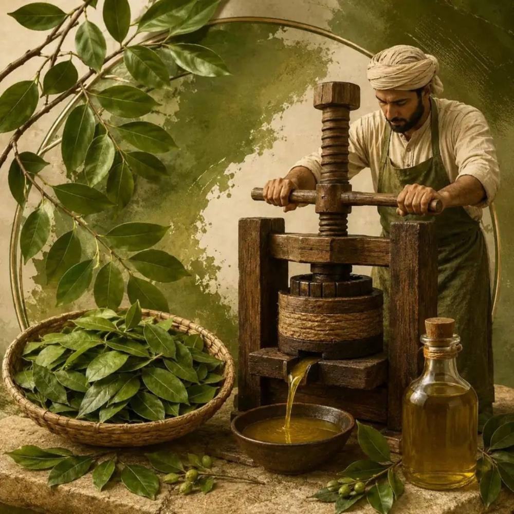 زيت السدر الطبيعي المعصور على البارد مع أوراق السدر ومعصرة تقليدية
