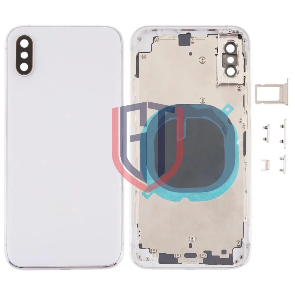 الغطاء الخلفي مع عدسة الكاميرا ودرج منفذ بيت الشريحة والازرار الجانبية لجهاز iPhone XS