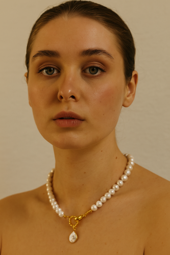 قلادة راقية ومميزة من اللؤلؤ الطبيعي الزراعي مع مصك مطلى